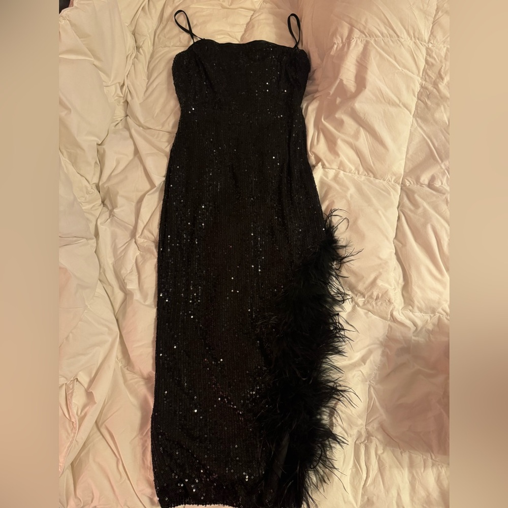 Lulus Black Sequin Dress with Feather Detail